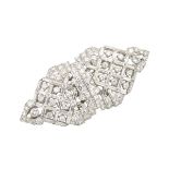 PLATINUM AND 14K WHITE GOLD FILIGREE DOUBLE CLIP BROOCH set with 2 half moon cut diamonds (approx