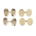 TWO PAIRS OF ENGLISH GOLD CUFFLINKS engraved for the Royal Grenadier Guards; an 18k gold pair (22.