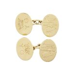 PAIR OF GARRARD & CO. ENGLISH 18K YELLOW GOLD CUFFLINKS with engraved decoration and monogram, 18.
