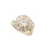 14K YELLOW GOLD RING set with a brilliant cut diamond (approx. 0.95ct.) framed by 24 baguette cut