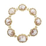 LATE 19TH CENTURY 18K YELLOW GOLD COLLAR NECKLACE bezel set with eight oval carved shell cameo