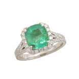 18K WHITE GOLD RING set with a cushion cut emerald (approx. 2.30ct.) and 94 brilliant cut