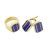 ROSENTHAL 18K YELLOW GOLD RING AND CUFFLINK SUITE each piece set with inlaid lapis panels, size