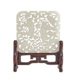 A WHITE JADE HEHE ERXIAN PLAQUE, QING DYNASTY, 19TH CENTURY 清19世紀 清白玉雕和合二仙花珮（原配座） Fine openwork