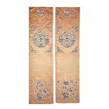 A PAIR OF EMBROIDERED CHAIR COVERS, 19TH CENTURY 19世紀 橘緞三藍博古圖椅披 Very finely embroidered with a