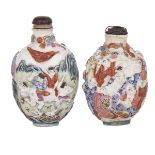 TWO FAMILLE ROSE MOLDED PORCELAIN SNUFF BOTTLES, QIANLONG MARK AND 19TH CENTURY 清19世紀 乾隆款