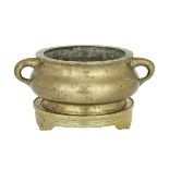 BRONZE CENSER WITH FITTED STAND, 19TH CENTURY OR EARLIER 19世紀或更早 大明宣德款 銅香爐帶座 Heavily and well cast