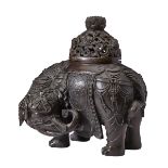 A VERY RARE GEMSTONES INLAID ‘ELEPHANT’ BRONZE INCENSE BURNER, LATE MING DYNASTY, 16TH/17TH