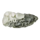 A FINE AND RARE SPINACH-WHITE JADE CARVING TWO BOYS WITH RUYI AND BUDDHA’S HAND CITRON 碧玉白玉 巧雕佛手如意童子