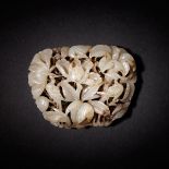 A WHITE, GREY AND PALE RUSSET JADE PLAQUE, JIN OR YUEN DYNASTY 金/元 青白玉透雕春水牌 Well carved in