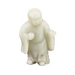 A RARE CARVED CELADON WHITE JADE FIGURE OF LOHAN, QING DYNASTY, 19TH CENTURY 清19世紀 青白玉巧雕羅漢 Finely