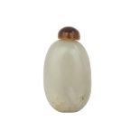 A CELADON JADE SNUFF BOTTLE WITH A TIGER’S EYE STOPPER, 19TH CENTURY 清19世紀 青玉鼻煙壺 （配虎睛石蓋） Of