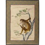 A FINELY EMBROIDERED MONKEY PANEL, 19TH CENTURY 19世紀 金猴獻桃繡品一幅 Depicting a monkey perched in a tree