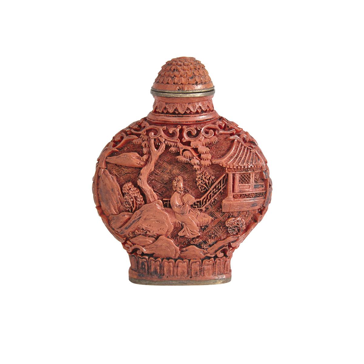 A CARVED CINNABAR LACQUER SNUFF BOTTLE, QIANLONG MARK, 19TH CENTURY 清19世紀 漆雕宮廷人物鼻煙壺 Finely carved
