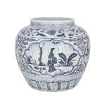 A BLUE AND WHITE FIGURAL JAR, MING DYNASTY OR LATER 明或更晚 青花人物罐 Well potted and decorated over the