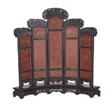 LACQUERED ROSEWOOD TABLE SCREEN, REPUBLIC PERIOD 民國 四季花卉紅木案屏 Comprising five panels, each with three