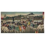 TOYOHARA CHIKANOBU (1838–1912) OFFICIAL CEREMONY AT CASTLE WOODBLOCK TRIPTYCH 豊原周延 温故東の花 Woodblock