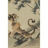 TOYOHARA CHIKANOBU (1838–1912) TIGER AND SAMURAI WOODBLOCK DIPTYCH 豊原周延 武人與虎 Ink and colour on
