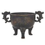 A JAPANESE BRONZE TRIPOD CENSER 日本銅鑄三足爐 Heavily cast, supported by three lion heads issuing feet,