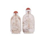 TWO INTERIOR PAINTED GLASS SNUFF BOTTLES BY ZHOU LEYUAN, CYCLICALLY DATED TO 1888 戊子年 周樂元作 玻璃內畫鼻煙壺兩件