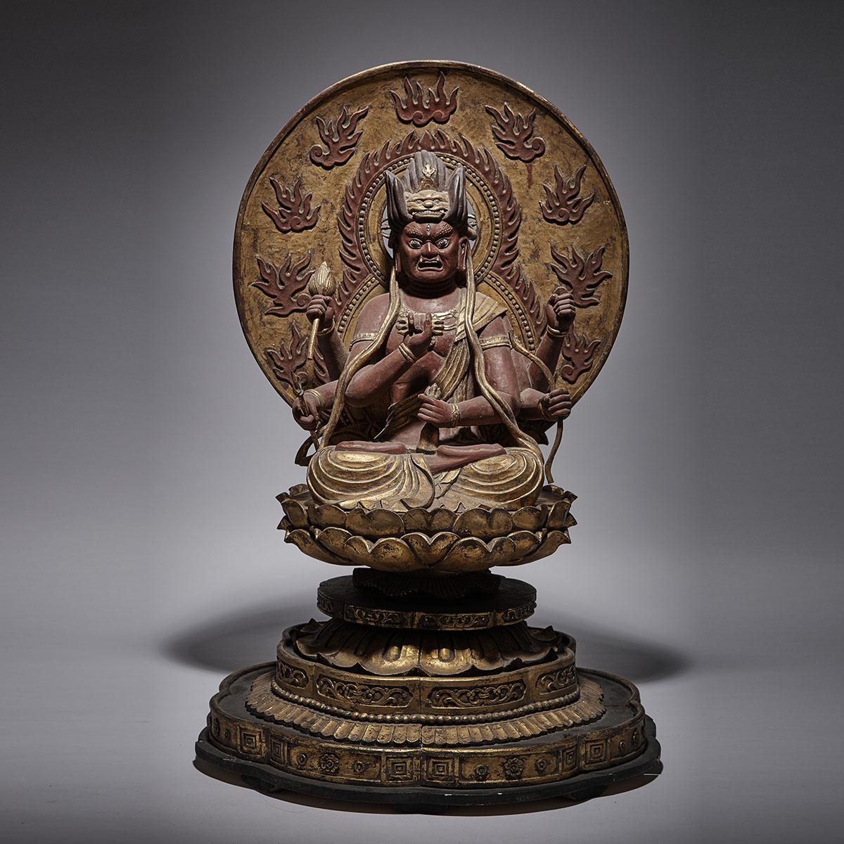 A MASSIVE WOOD CARVED LACQUERED AIZEN MYŌ-Ō, SHOWA PERIOD 昭和時代 木雕加彩愛染明王 The 'Esoteric Buddhist