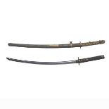 SET OF TWO JAPANESE KATANA, SHOWA PERIOD 昭和時代 日本武士刀 With iron tsuba of mokko form, brass fuchi-