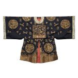 A BLACK SILK EMBROIDERED FEMALE ROBE, 19TH CENTURY 清十九世紀 盤金繡萬壽袍 On a black ground with gold