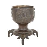 A JAPANESE BRONZE TRIPOD CENSER, MEIJI PERIOD 明治時代 銅鑄龍紋三足爐 Supported on three elephant head-form