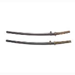 SET OF TWO JAPANESE KATANA, SHOWA PERIOD 昭和時代 日本武士刀 Each with an iron tsuba of mokko form, decorated