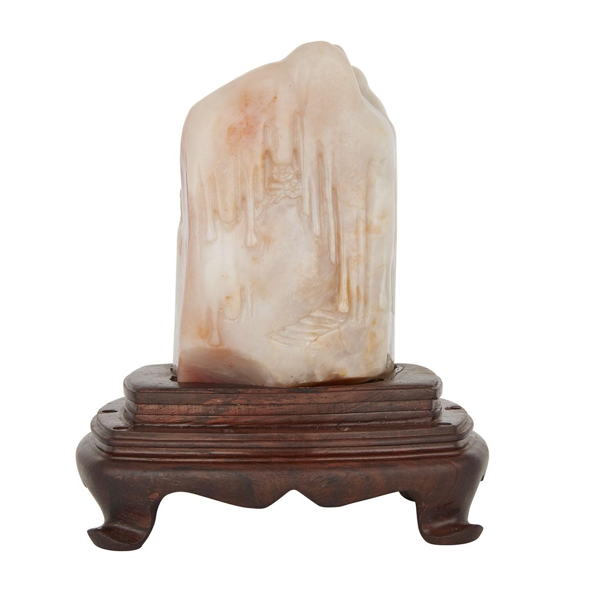 A LARGE AND RARE SHOUSHAN SHANBO STONE WITH A ROSEWOOD STAND 善伯洞石雕山水人物擺件 The creamy pink semi- - Image 2 of 2