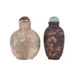 TWO HARDSTONE SNUFF BOTTLES, 19TH CENTURY 清十九世紀 鼻煙壺兩件 One of deep mottled tones of charcoal and