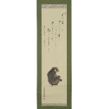 HACHISU OMONE IYA, SHOWA PERIOD MONKEY 大法師蓮阿彌 靜思の猿 Three artist’s seals, ink and colour on paper,