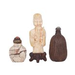 TWO SNUFF BOTTLES AND A CARVED IVORY FIGURE OF SHOULAO, 19TH TO 20TH CENTURY 清末 鼻煙壺兩件及牙雕壽佬 Including