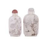 TWO INTERIOR PAINTED GLASS SNUFF BOTTLES BY YANG YUTIAN, CYCLICALLY DATED TO 1898 戊戌年 閆玉田作 玻璃內畫鼻煙壺兩件