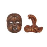 TWO WOOD NETSUKE, MEIJI PERIOD AND LATER 明治時代 木雕根付兩件 Each finely carved, one a men-netsuke (mask)