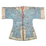A PALE BLUE SILK FEMALE ROBE, 19TH CENTURY 清十九世紀 天藍地山水人物女褂 Pale blue ground embroidered with an
