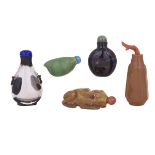 A GROUP OF FIVE SNUFF BOTTLES, 19TH TO 20TH CENTURY 清十九及二十世紀 鼻煙壺五件 Including a rare and unusual