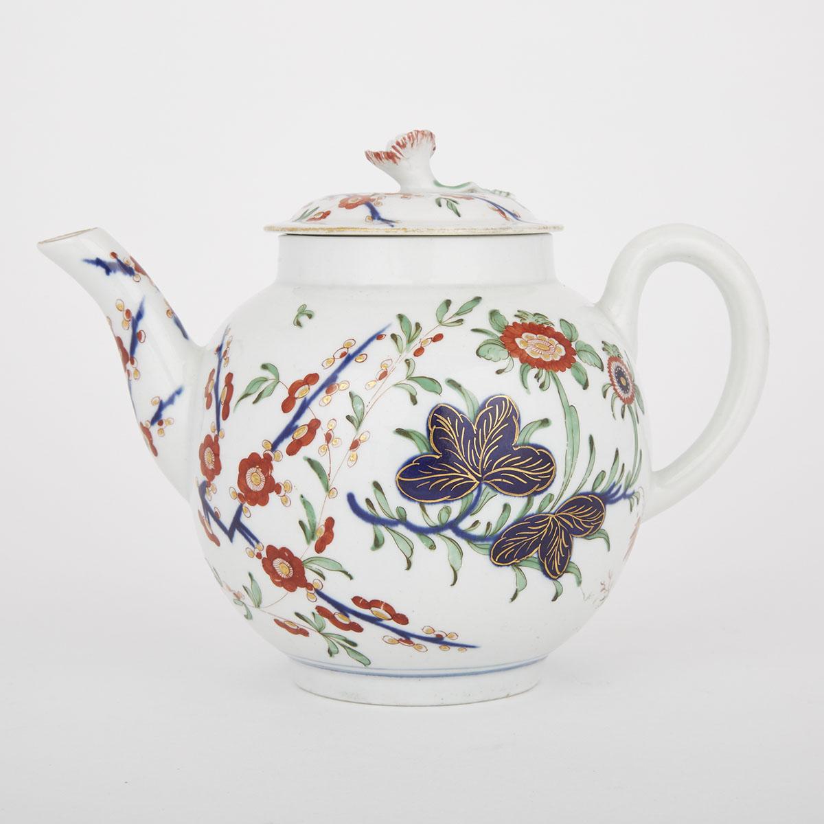 WORCESTER TEAPOT AND COVER, C.1770painted in underglaze blue, coloured enamels and gilt with Japan