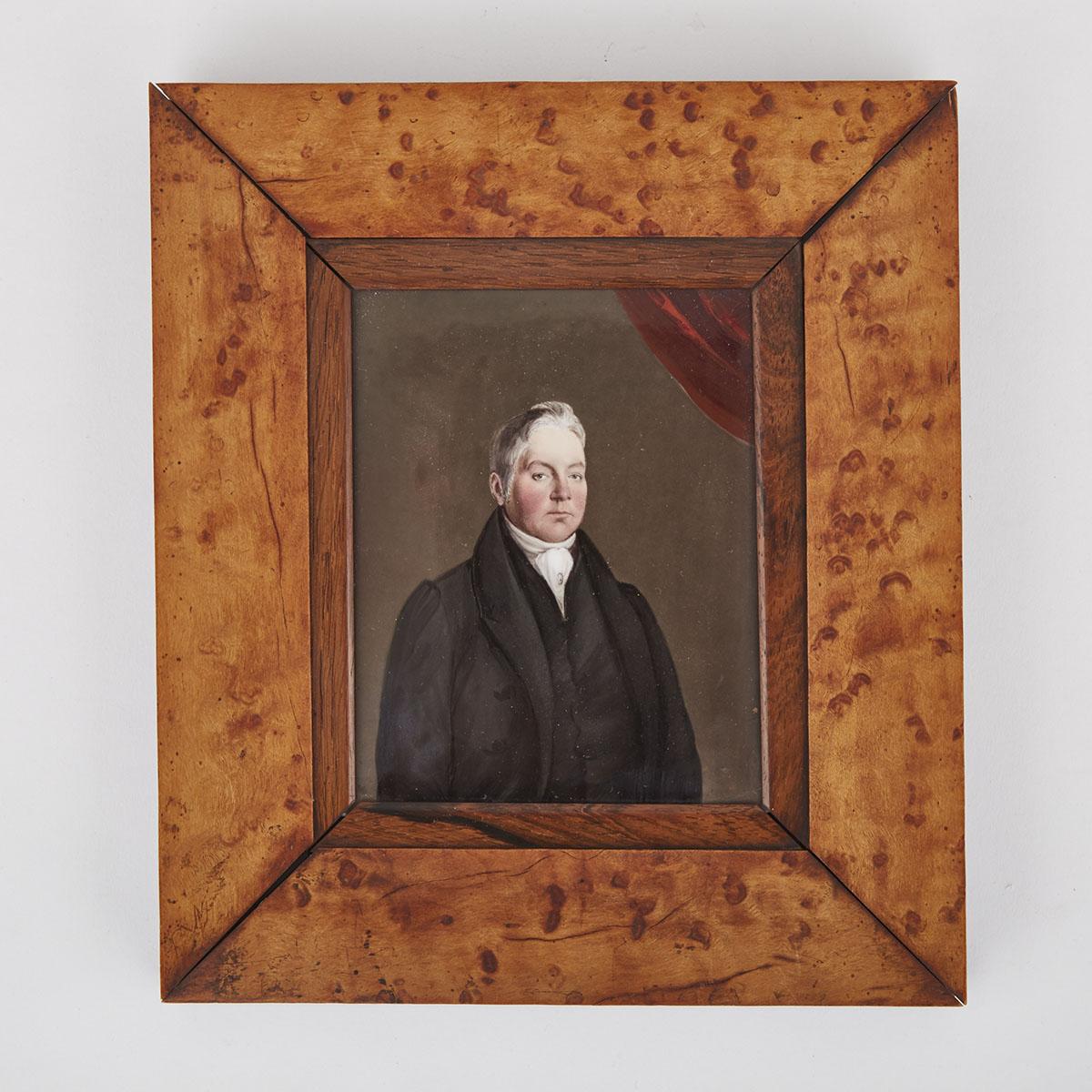 ENGLISH PORCELAIN RECTANGULAR PLAQUE, ‘PORTRAIT OF A GENTLEMAN’, 19TH CENTURYin a bird’s eye maple