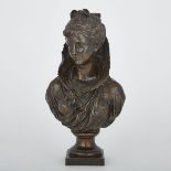 FRENCH PATINATED BRONZE BUST OF A YOUNG BEAUTY, 19TH CENTURYincised monogram E.B. verso, height