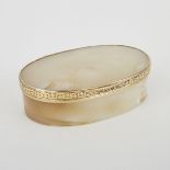 GILT COPPER MOUNTED AGATE SNUFF BOX, EARLY 19TH CENTURYof oval shape with moulded and engraved