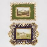 TWO ENGLISH PORCELAIN BLUE OR GREEN GROUND TOPOGRAPHICAL TRAYS, C.1830of rectangular shape with