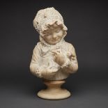 VICTORIAN CARVED ALABASTER BUST OF A YOUNG GIRL WITH A STRUGGLING RABBIT, C.1890the 3/4 length