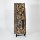 SPANISH COLONIAL CARVED, POLYCHROMED AND PARCEL GILT PANEL OF THE CORONATION OF THE VIRGIN, 18TH/