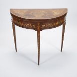 DUTCH WALNUT MARQUETRY INLAID DEMI LUNE GAMES TABLE, EARLY 19TH CENTURYopening to checkerboard and