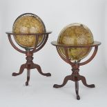 PAIR OF REGENCY MAHOGANY TERRESTRIAL AND CELESTIAL TABLE GLOBES, THOMAS HARRIS, C.1820each 12 inch