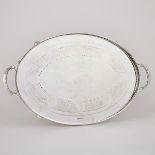 ENGLISH SILVER OVAL GALLERIED TWO-HANDLED SERVING TRAY, WALKER & HALL, SHEFFIELD, 1929engraved