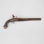 FRENCH EXPORT TURKISH OTTOMAN VERMEIL MOUNTED AND SILVER AND GOLD INLAID FLINTLOCK HOLSTER PISTOL,