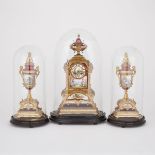 FRENCH NAPOLEON III THREE PIECE SEVRES STYLE PORCELAIN MOUNTED GILT BRONZE CLOCK GARNITURE, C.