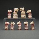 INDIAN TURNED AND CARVED BONE ANIMAL HEAD FORM PART CHESS SET, 19TH CENTURYnine pieces including